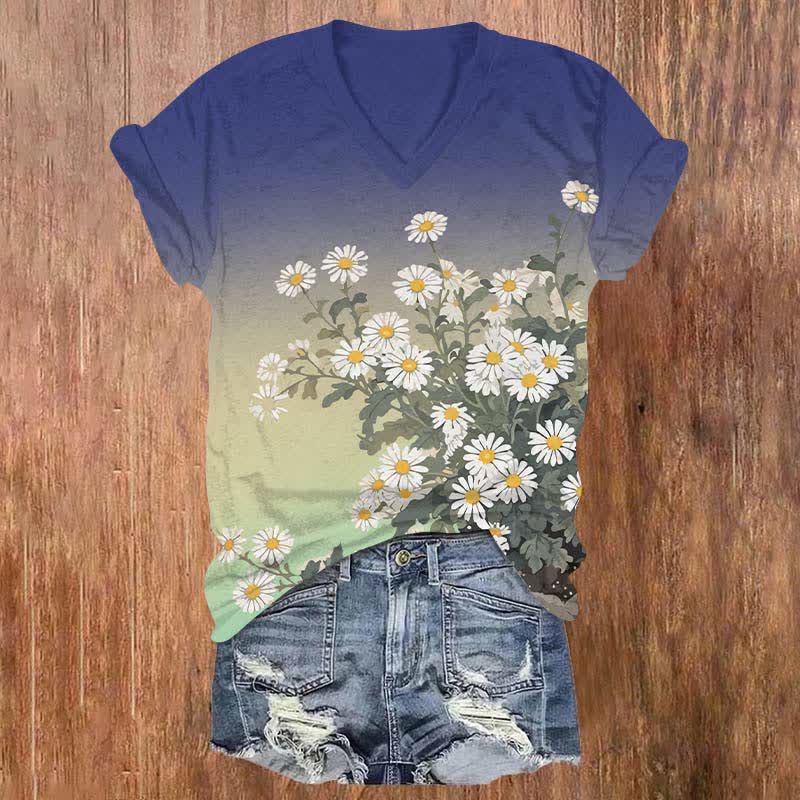 Japanese Lovely Daisy Art Print V-neck T-shirt - Blue - US32-34(5XL) - image 1