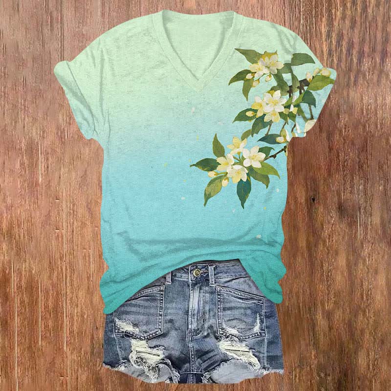 Japanese Watercolor Pear Blossom Art Print V-neck T-shirt - Blue - US32-34(5XL) - image 2