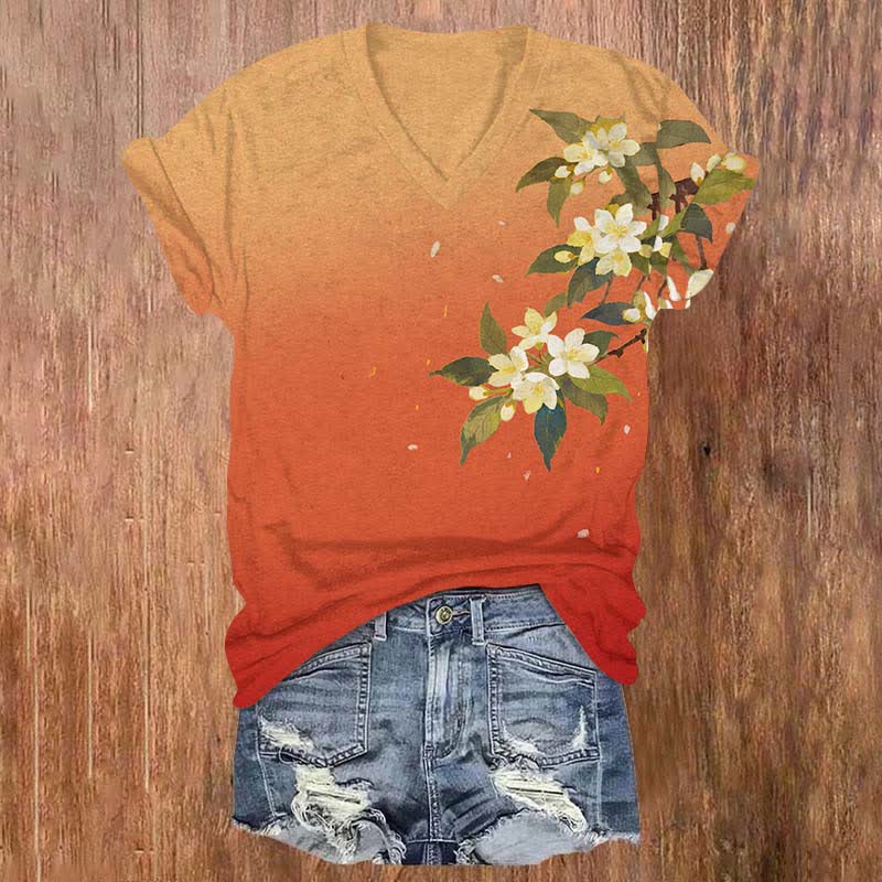 Japanese Watercolor Pear Blossom Art Print V-neck T-shirt - Orange - US32-34(5XL) - image 1