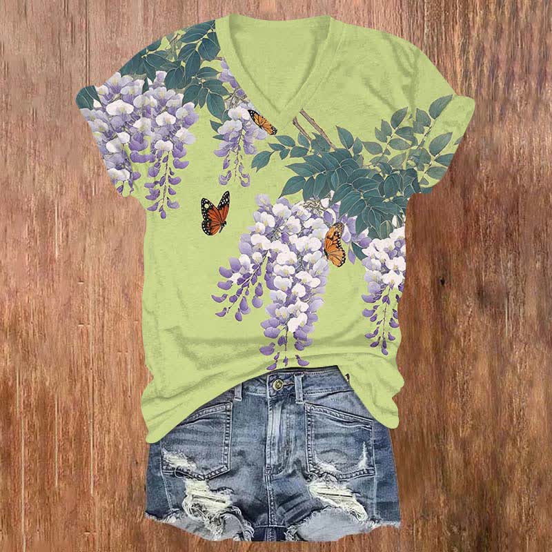 Japanese Watercolor  Lavender Blossom Art Print V-neck T-shirt - Green - US32-34(5XL) - image 3