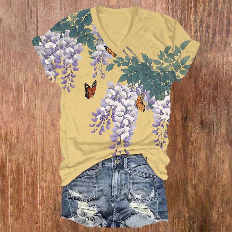 Japanese Watercolor  Lavender Blossom Art Print V-neck T-shirt - Yellow - US32-34(5XL) - image 1