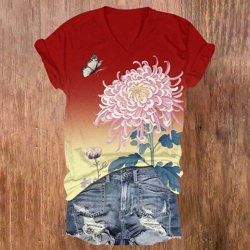 Japanese Vivid Pink Chrysanthemum Art Print V-neck T-shirt - Red - US32-34(5XL) - image 1