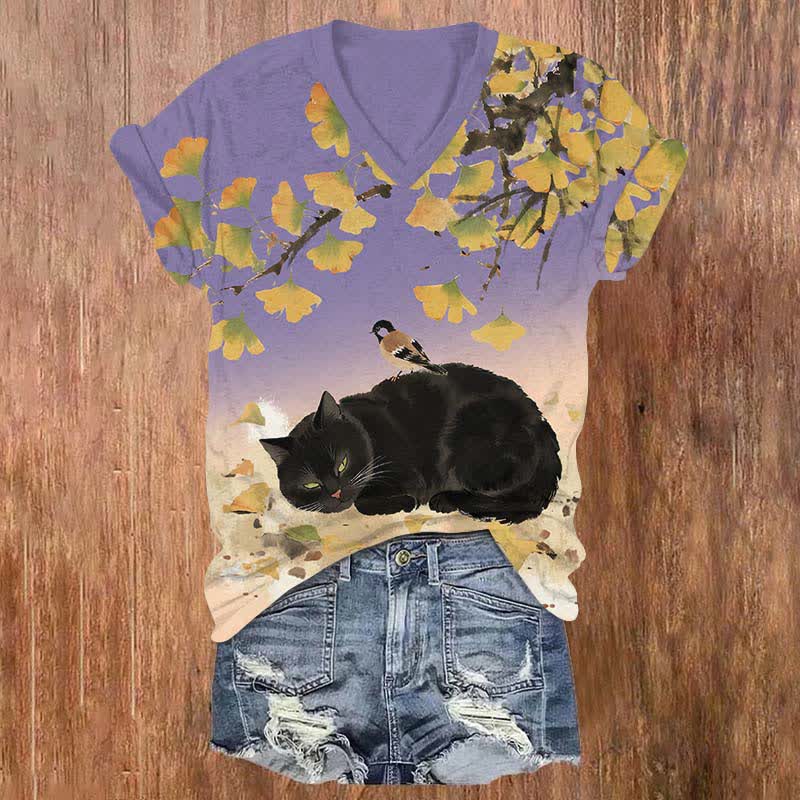 Japanese Oil Painting Black Cat Sleeping Under Ginkgo Tree Art Print V-neck T-shirt - Purple - US32-34(5XL) - image 3