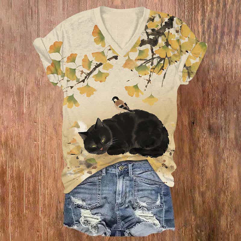 Japanese Oil Painting Black Cat Sleeping Under Ginkgo Tree Art Print V-neck T-shirt - Apricot - US32-34(5XL) - image 1