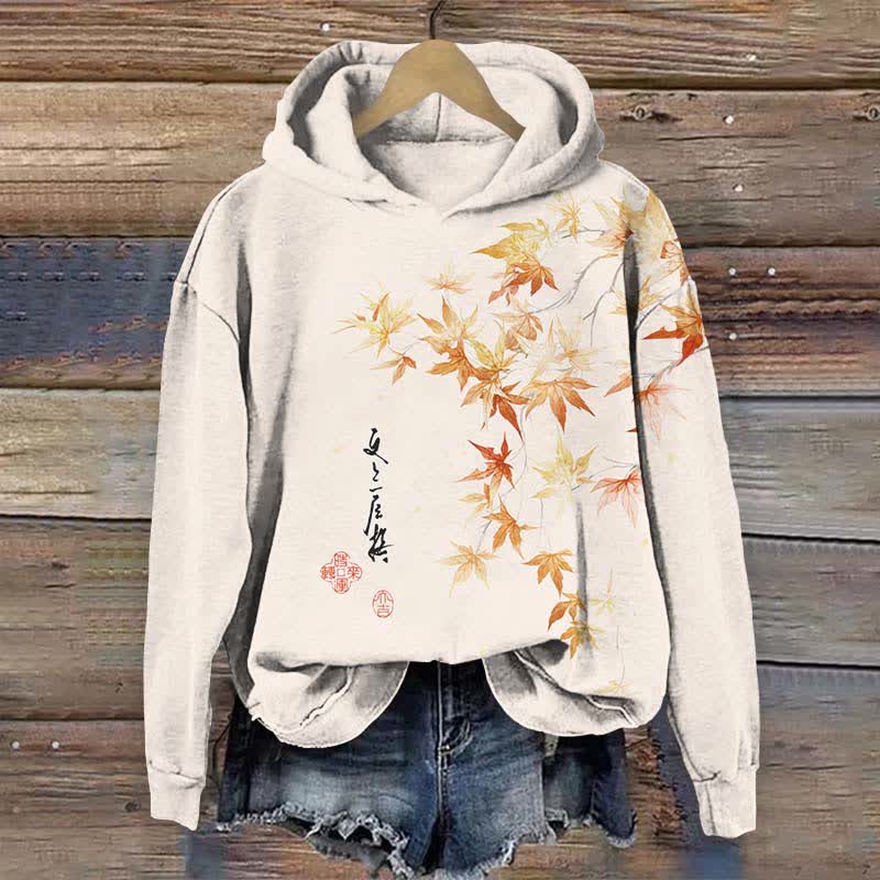 Japanese Watercolor Maple Leaf In Fall Art Print Long Sleeve Hoodie - Beige - US44-46(8XL) - image 2