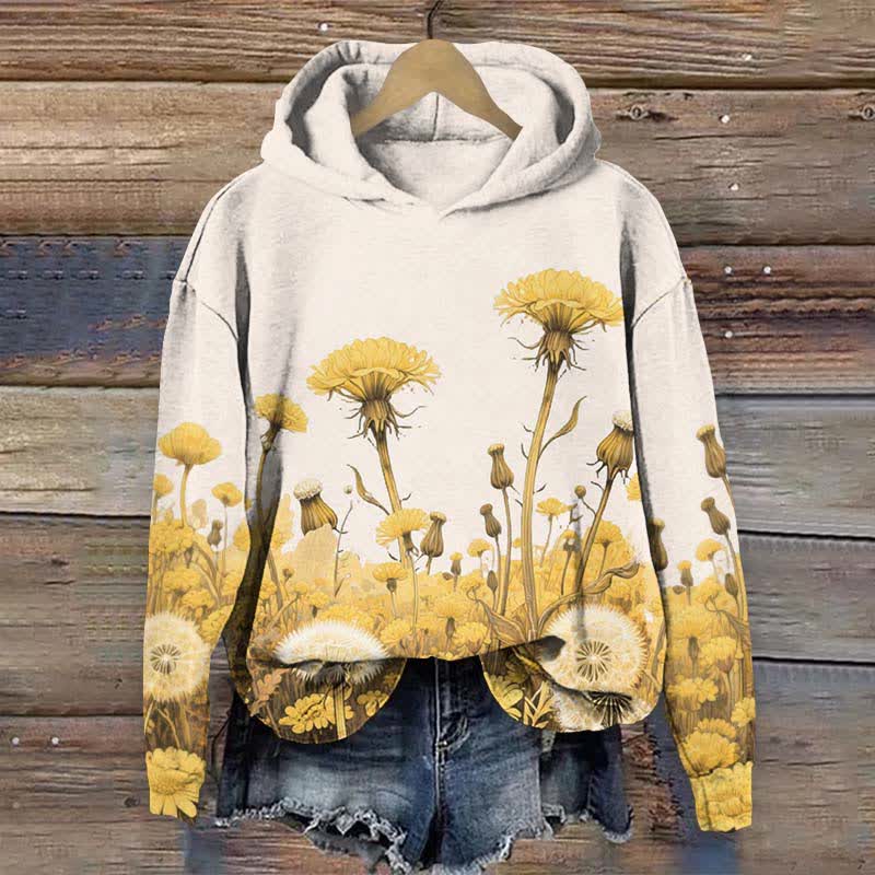 Japanese Vintage Sunflower & Dandelion Art Print Long Sleeve Hoodie - Beige - US44-46(8XL) - image 3