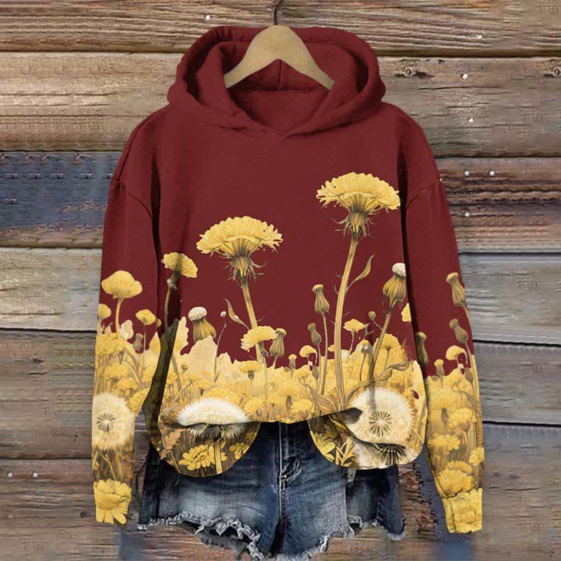 Japanese Vintage Sunflower & Dandelion Art Print Long Sleeve Hoodie - Red - US44-46(8XL) - image 5