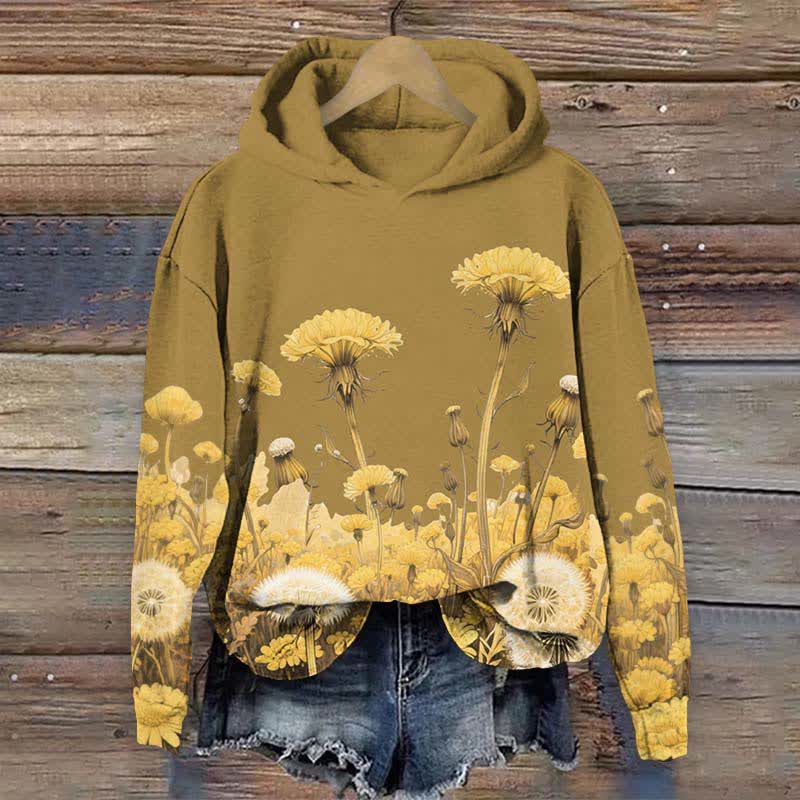 Japanese Vintage Sunflower & Dandelion Art Print Long Sleeve Hoodie - Yellow - US44-46(8XL) - image 1
