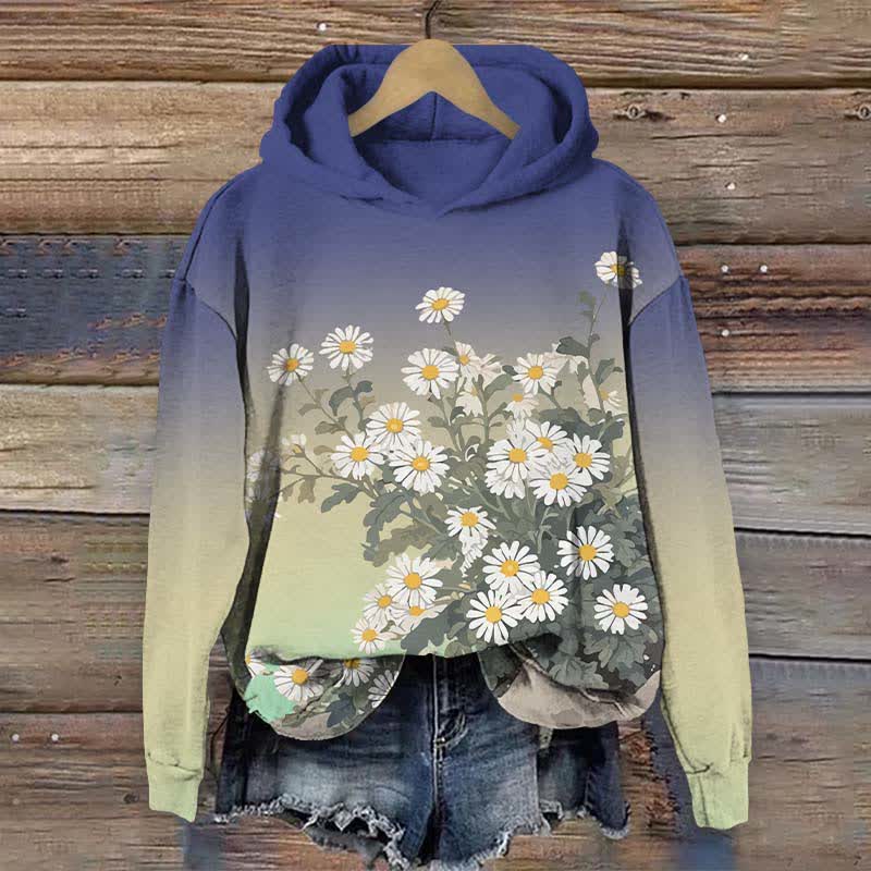 Japanese Lovely Daisy Art Print Long Sleeve Hoodie - Blue - US44-46(8XL) - image 1