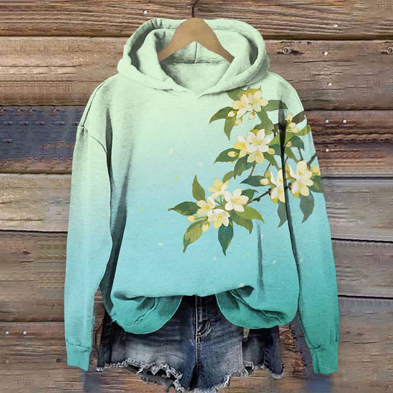 Japanese Ombre Watercolor Pear Blossom Art Print Long Sleeve Hoodie - Green - US44-46(8XL) - image 2