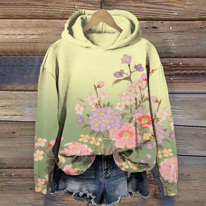 Japanese Flowers Competing For Beauty Art Print Long Sleeve Hoodie - Green - US44-46(8XL) - image 2