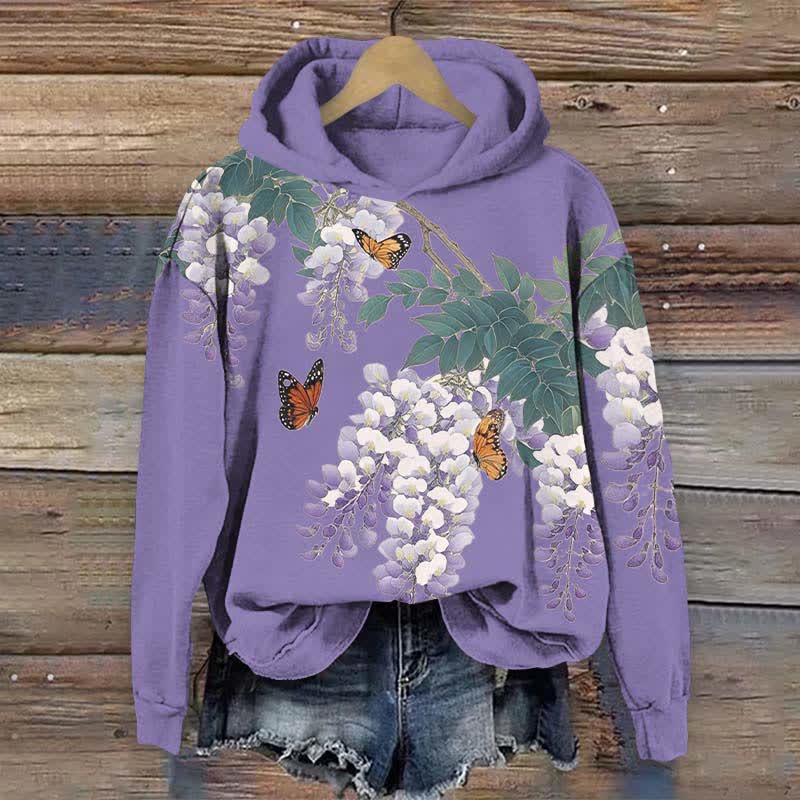 Japanese Watercolor Lavender Blossom Art Print Long Sleeve Hoodie - Purple - US44-46(8XL) - image 2