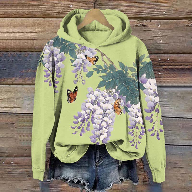 Japanese Watercolor Lavender Blossom Art Print Long Sleeve Hoodie - Green - US44-46(8XL) - image 1