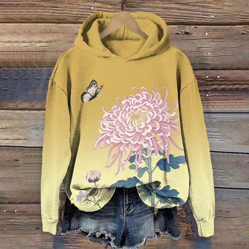 Japanese Vivid Pink Chrysanthemum Art Print Long Sleeve Hoodie - Yellow - US44-46(8XL) - image 1
