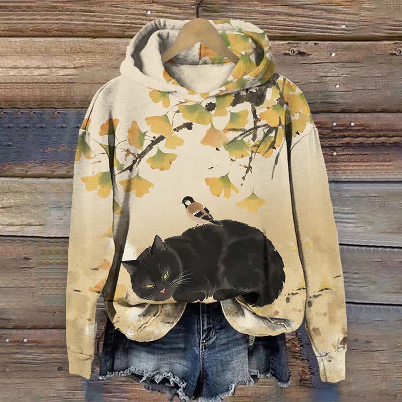 Japanese Oil Painting Black Cat Sleeping Under Ginkgo Tree Art Print Long Sleeve Hoodie - Apricot - US44-46(8XL) - image 2