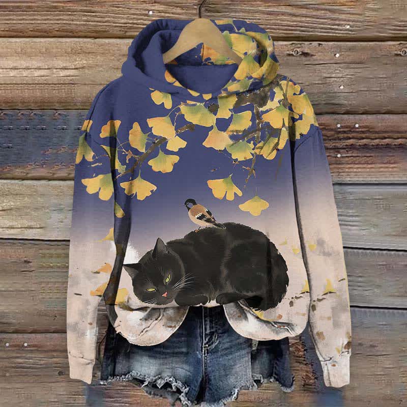Japanese Oil Painting Black Cat Sleeping Under Ginkgo Tree Art Print Long Sleeve Hoodie - Blue - US44-46(8XL) - image 5