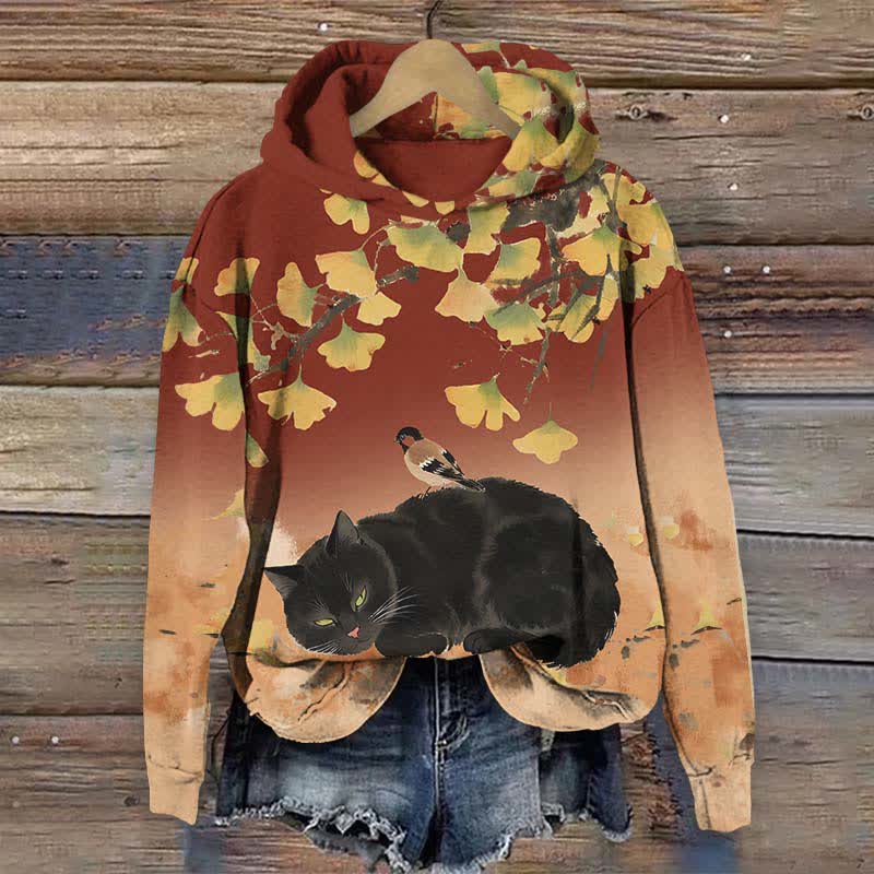 Japanese Oil Painting Black Cat Sleeping Under Ginkgo Tree Art Print Long Sleeve Hoodie - Red - US44-46(8XL) - image 4