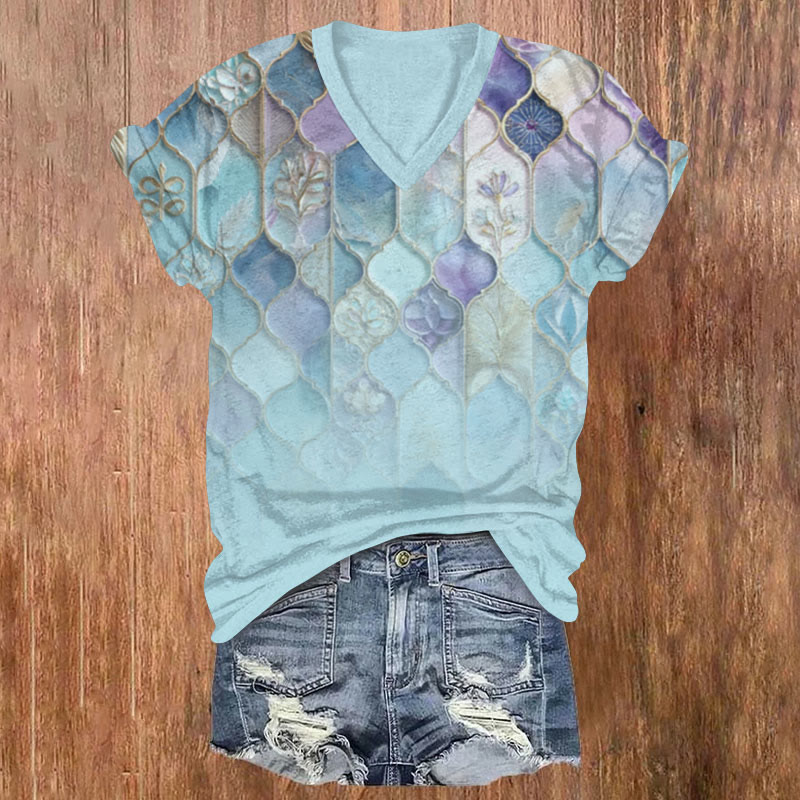 Geometry Print V-neck T-shirt - Green - US32-34(5XL) - image 1