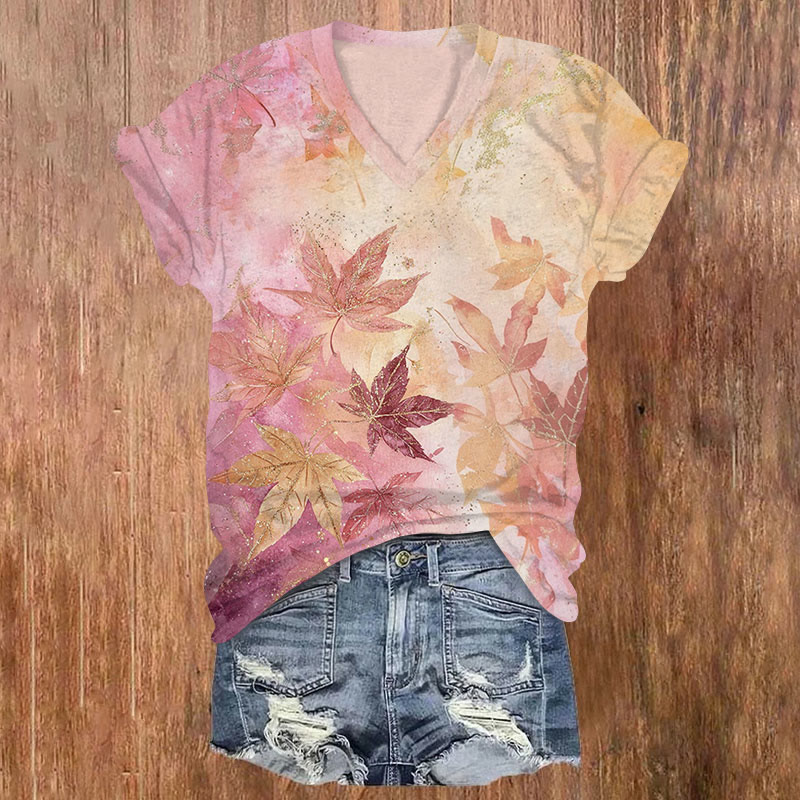 Leaves Print v-neck T-Shirt - Rose - US32-34(5XL) - image 1