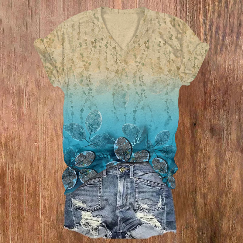 Leaves Print V-neck T-shirt - Multicolor - US32-34(5XL) - image 1