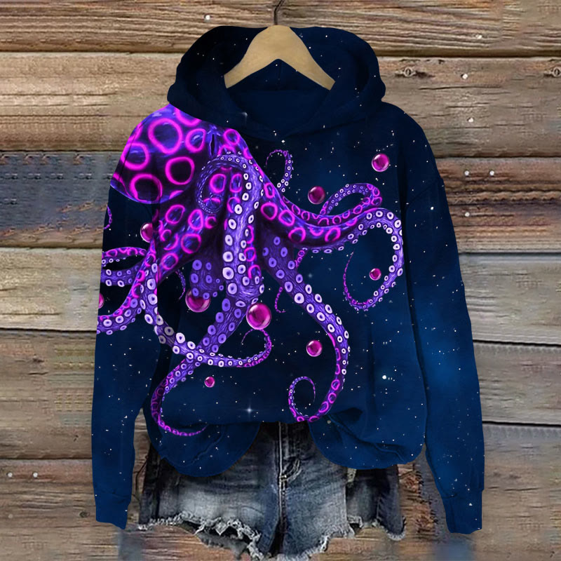Ocean Octopus Print Long Sleeve Hoodie - Blue - US44-46(8XL) - image 1