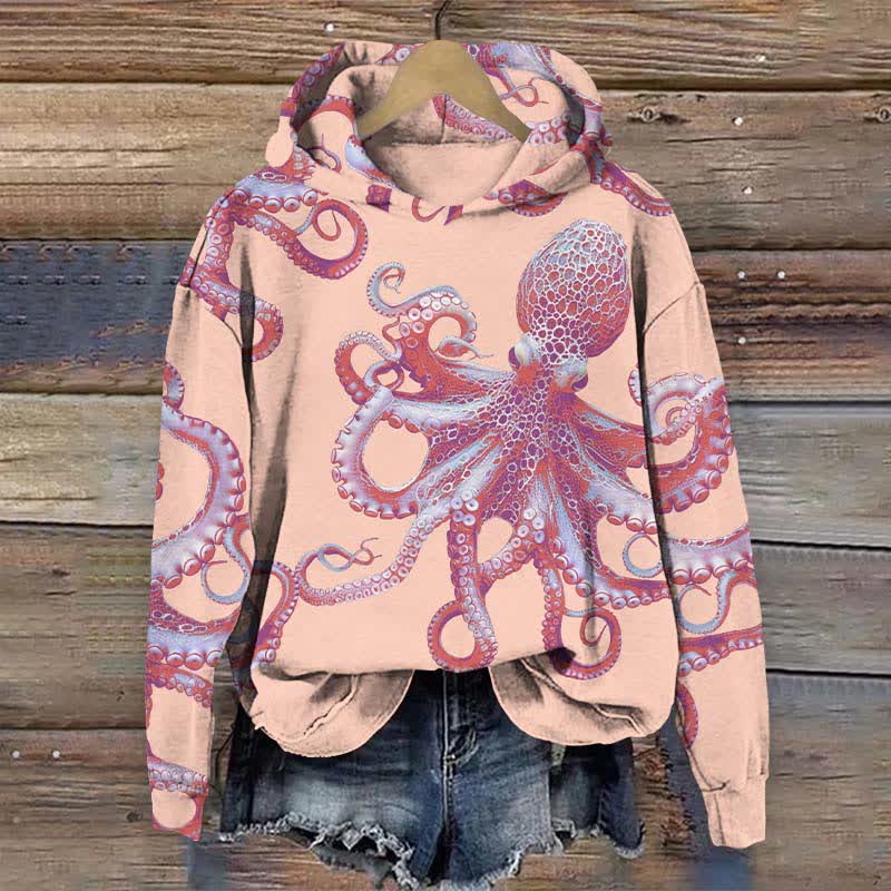 Japanese Vintage Vivid Octopus Art Print Long Sleeve Hoodie - Pink - US44-46(8XL) - image 2