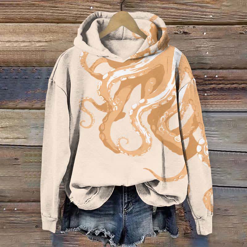 Japanese Vintage Watercolor Octopus Tentacles Art Print Long Sleeve Hoodie - Apricot - US44-46(8XL) - image 2