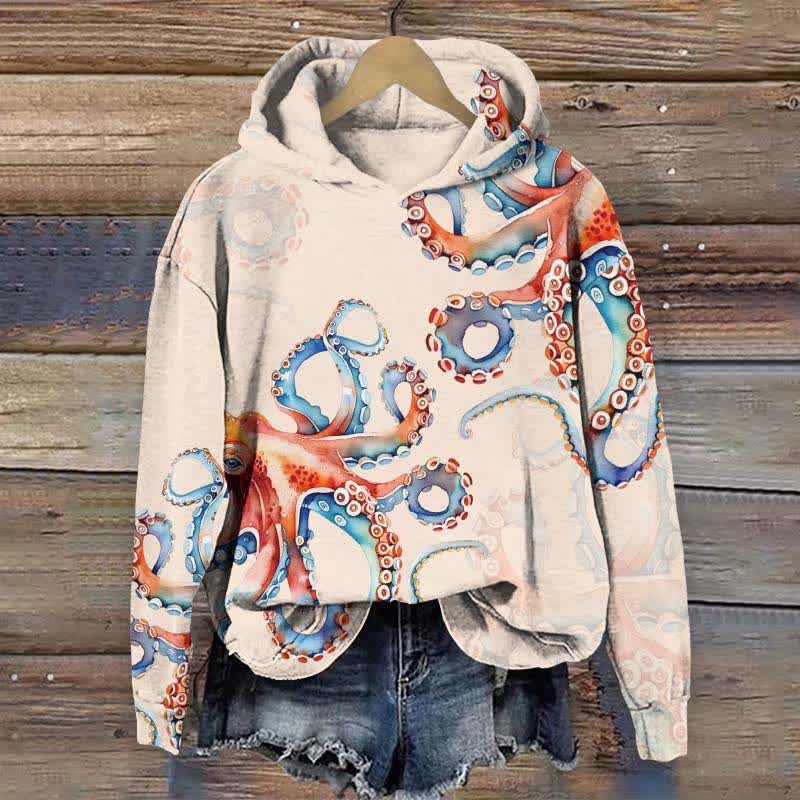 Japanese Colorful Octopus Art Print Long Sleeve Hoodie - Apricot - US44-46(8XL) - image 2