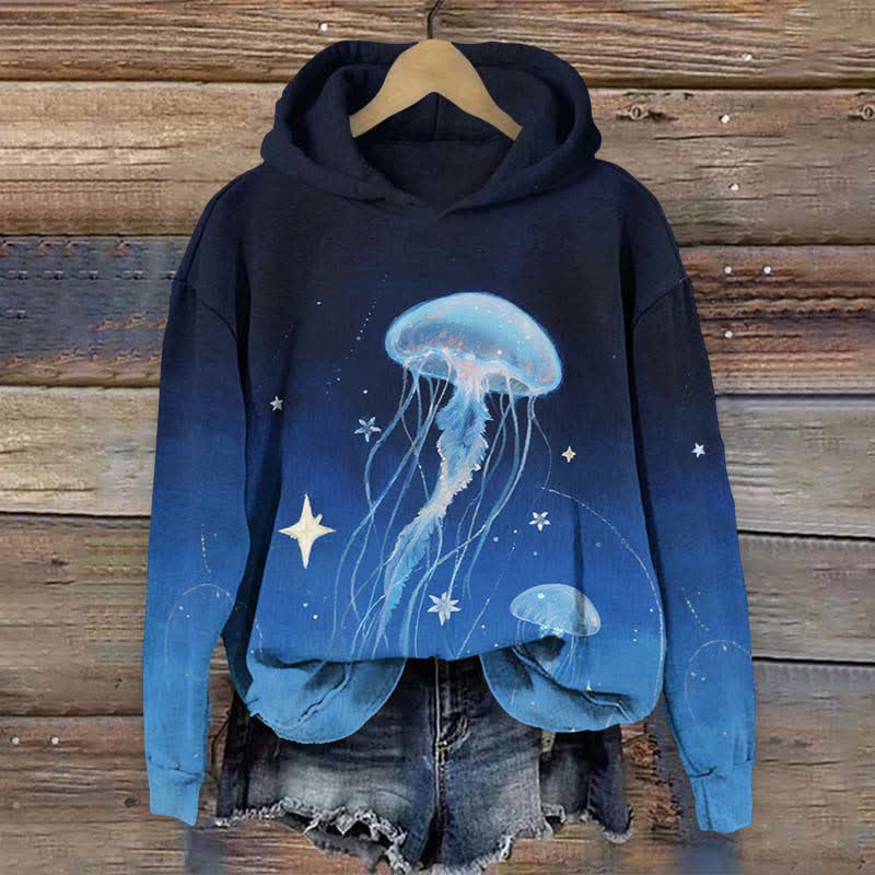 Japanese Fantasy Starry Jellyfish Art Print Long Sleeve Hoodie - Blue - US44-46(8XL) - image 1