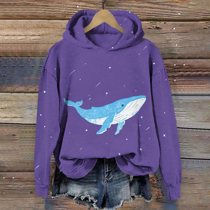 Japanese Lovely Whale In Starry Sky Art Print Long Sleeve Hoodie - Purple - US44-46(8XL) - image 2