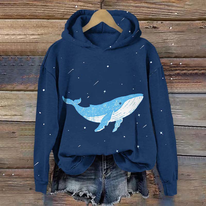 Japanese Lovely Whale In Starry Sky Art Print Long Sleeve Hoodie - Blue - US44-46(8XL) - image 1