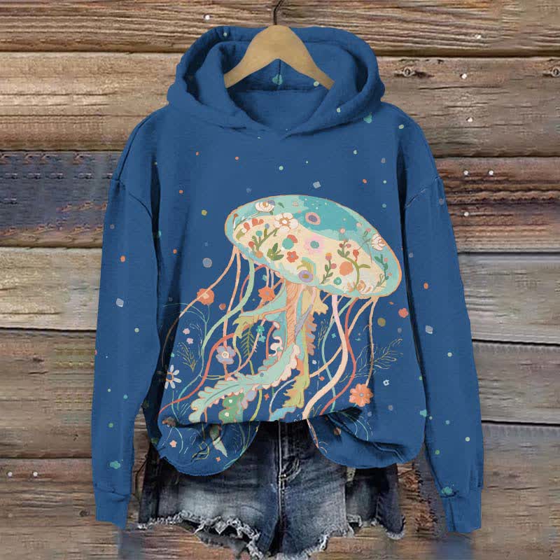 Japanese Creative Floral Jellyfish Art Print Long Sleeve Hoodie - Blue - US44-46(8XL) - image 2