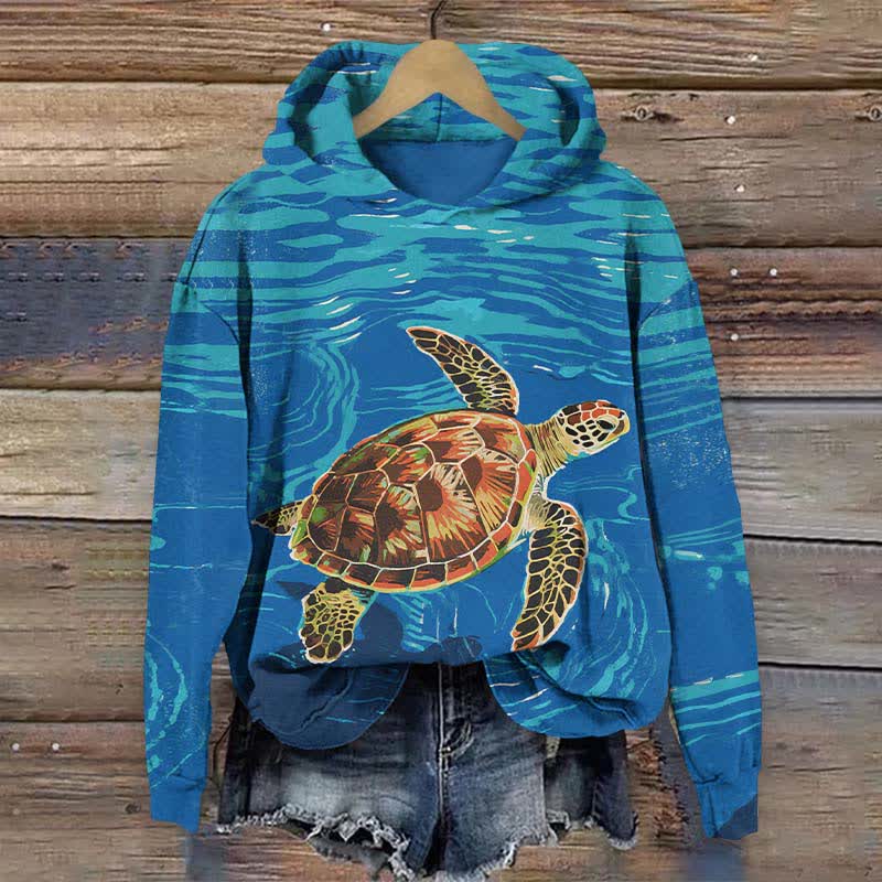 Japanese Vintage Sea Turtle Art Print Long Sleeve Hoodie - Blue - US44-46(8XL) - image 1