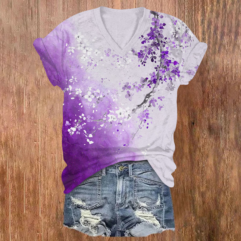 Watercolor Floral Print v-neck T-Shirt - Purple - US32-34(5XL) - image 2