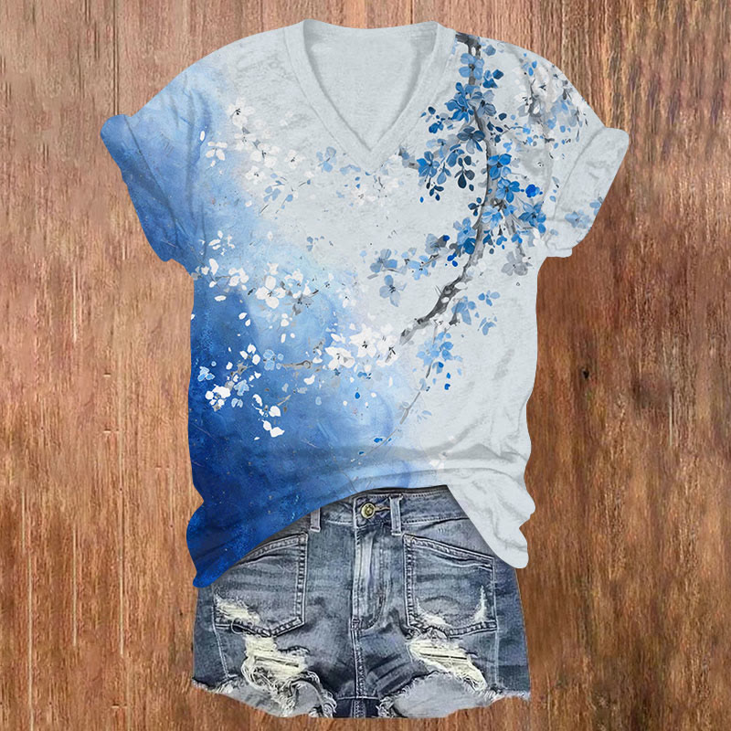 Watercolor Floral Print v-neck T-Shirt - Blue - US32-34(5XL) - image 1