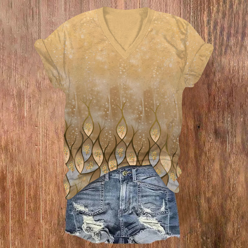 Ripple & Floral Print V-neck T-shirt - Champagne - US32-34(5XL) - image 1