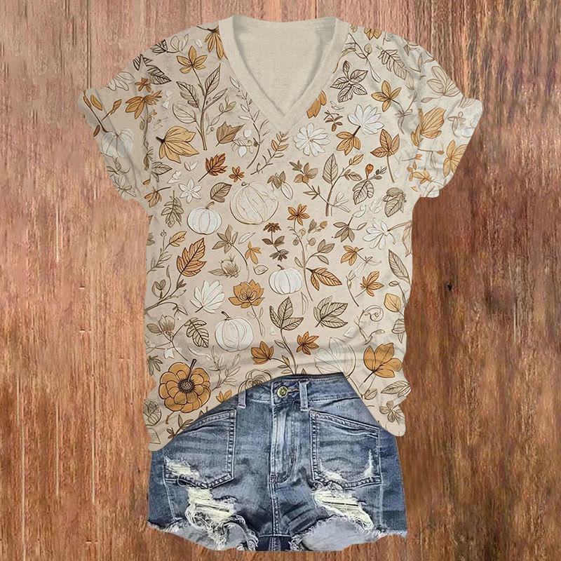 Fall Leaves Print V-neck T-shirt - Apricot - US32-34(5XL) - image 1