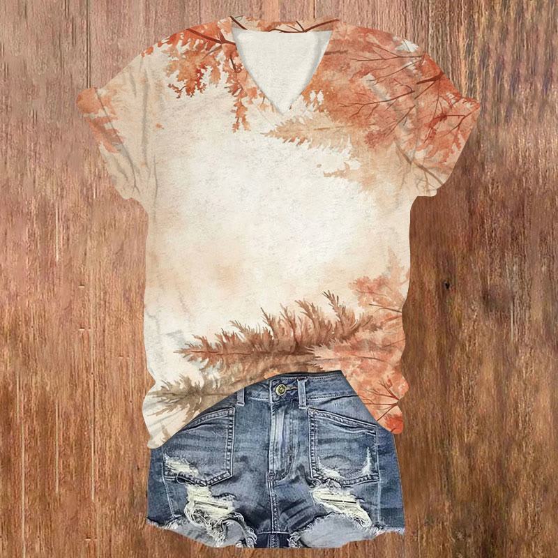 Fall Leaves Vibe Print v-neck T-Shirt - Apricot - US32-34(5XL) - image 1