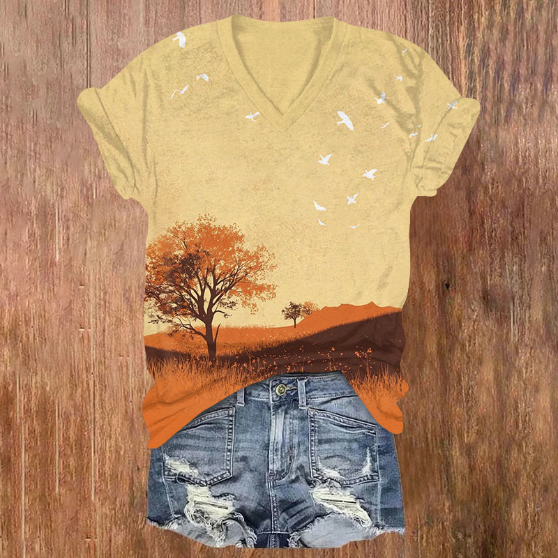 Fall tree & Birds Print v-neck T-Shirt - Yellow - US32-34(5XL) - image 1