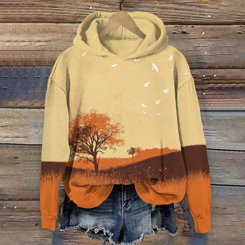 Fall Tree & Birds Print Long Sleeve Hoodie - Yellow - US44-46(8XL) - image 1