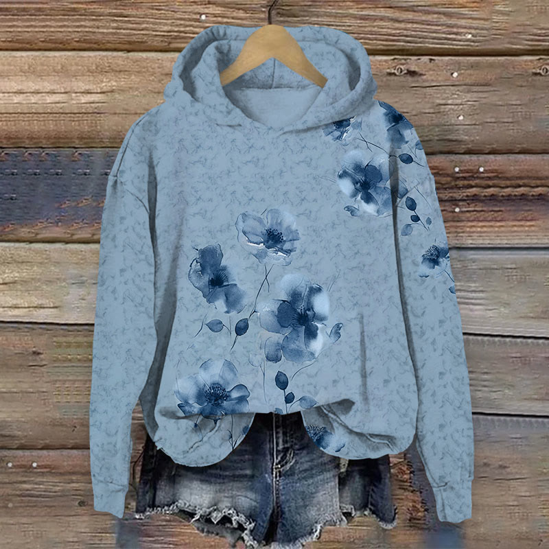 Floral Print Long Sleeve Hoodie - Blue - US44-46(8XL) - image 2