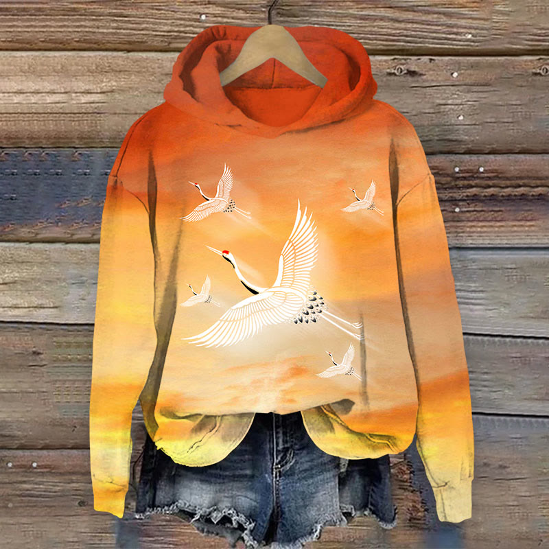 Crane Print Long Sleeve Hoodie - Orange - US44-46(8XL) - image 1
