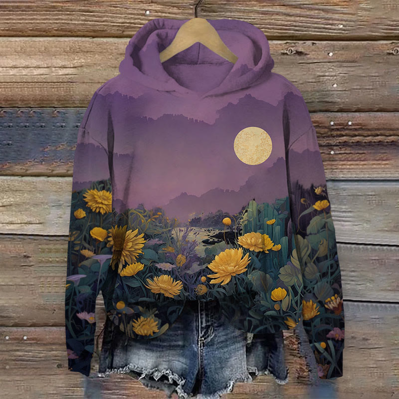 Flower & Moon Print Long Sleeve Hoodie - Purple - US44-46(8XL) - image 1