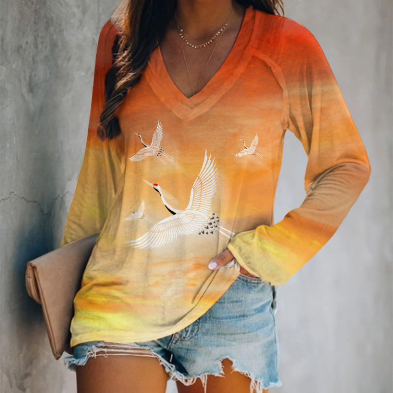 Crane Print V-neck Long Sleeve T-shirt - Orange - 5XL - image 1