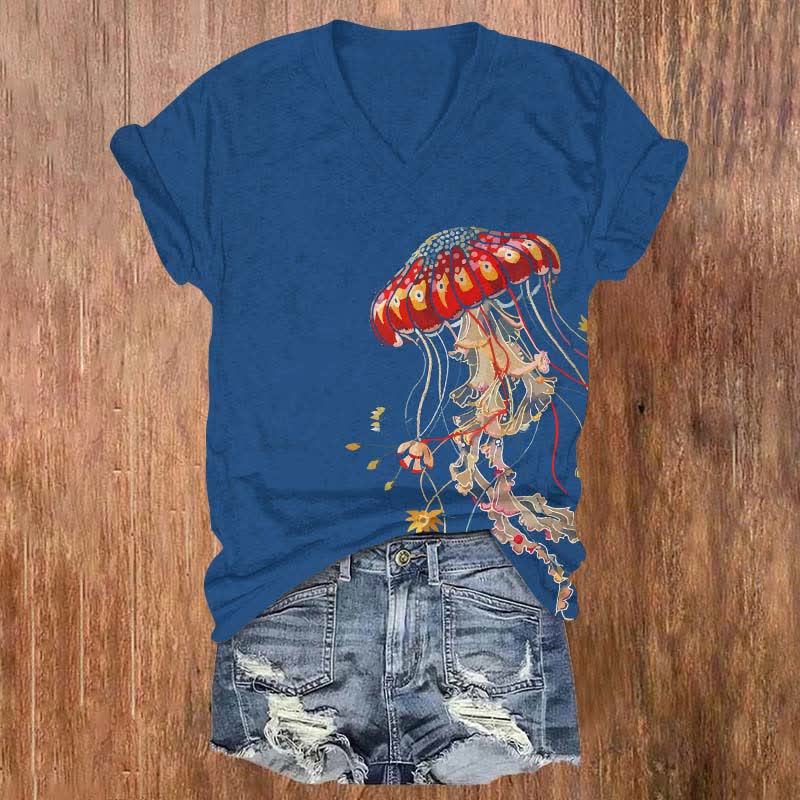 Japanese Creative Fantasy Jellyfish Art Print V-neck T-shirt - Blue - US32-34(5XL) - image 2