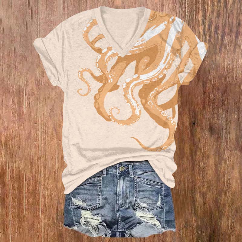 Japanese Vintage Watercolor Octopus Tentacles Art Print V-neck T-shirt - Apricot - US32-34(5XL) - image 2