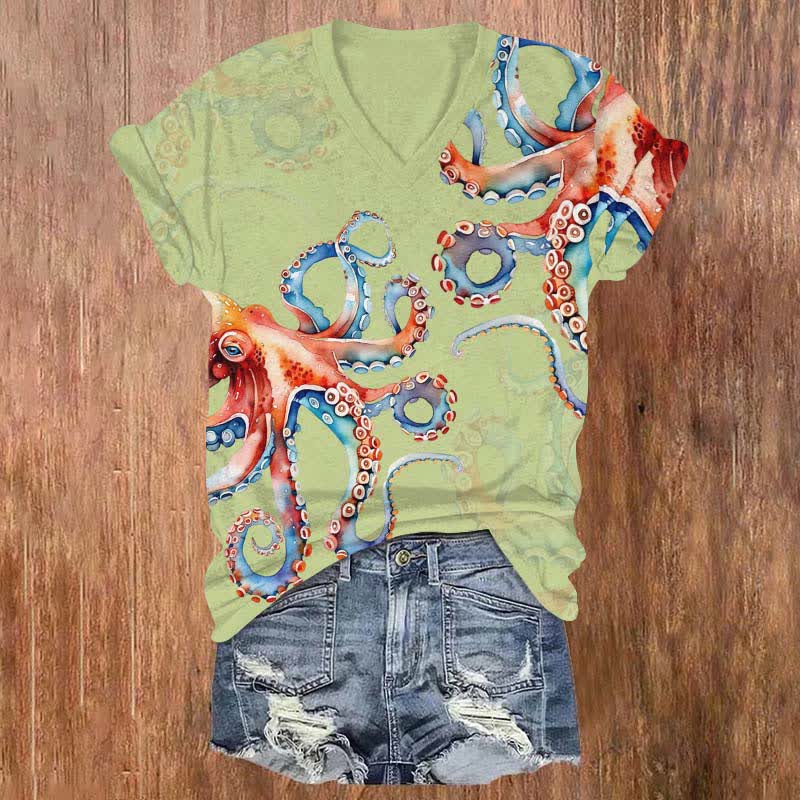 Japanese Colorful Octopus Art Print V-neck T-shirt - Green - US32-34(5XL) - image 2