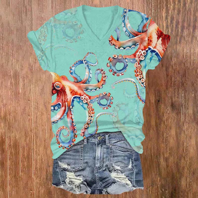 Japanese Colorful Octopus Art Print V-neck T-shirt - Lake Blue - US32-34(5XL) - image 1