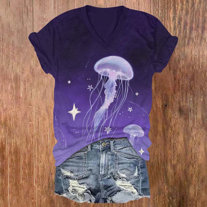 Japanese Fantasy Starry Jellyfish Art Print V-neck T-shirt - Purple - US32-34(5XL) - image 2