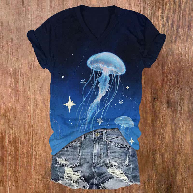 Japanese Fantasy Starry Jellyfish Art Print V-neck T-shirt - Blue - US32-34(5XL) - image 1